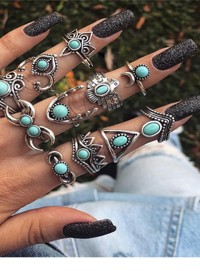 波西米亚松石戒指组合尾戒指环夸张戒子 Design Ring Set women