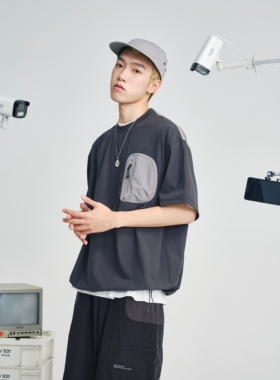 Nothwes24ss户外莱卡防泼水登山短袖宽松速干圆领撞色口袋抽绳T恤