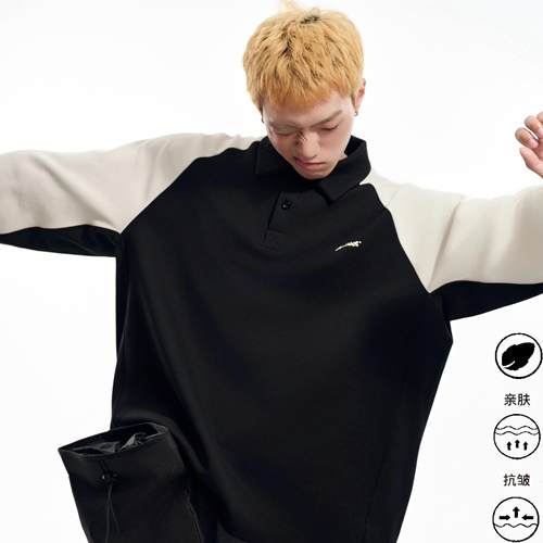 春秋冬长袖拼接撞色插肩袖Polo衫