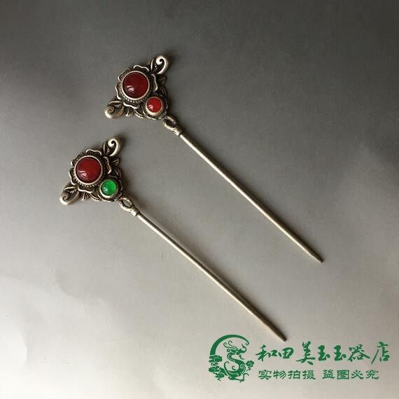 古玩杂项仿古纯银镶宝石老银簪子古代头饰簪子鎏银女士发簪子老货