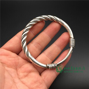 古玩铜器杂项收藏仿古白铜藏银苗银扭丝活口手镯手环老古董老物件