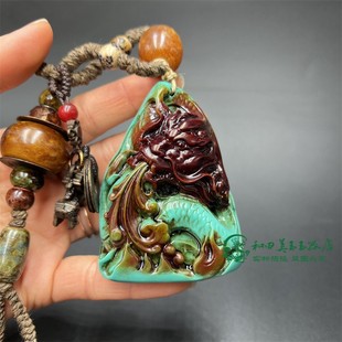 仿古包浆仿松石雕刻生肖龙手把件复古工艺品手工编织铜钱手把绳
