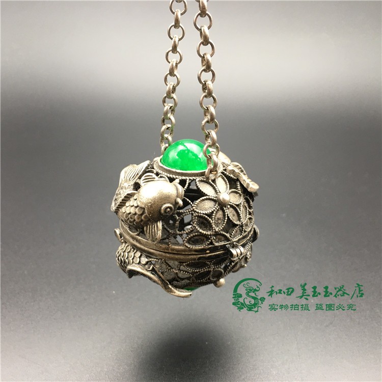仿古白铜镀银藏银镶嵌玉石镂空香薰球G檀香香囊车挂件倒流香炉挂