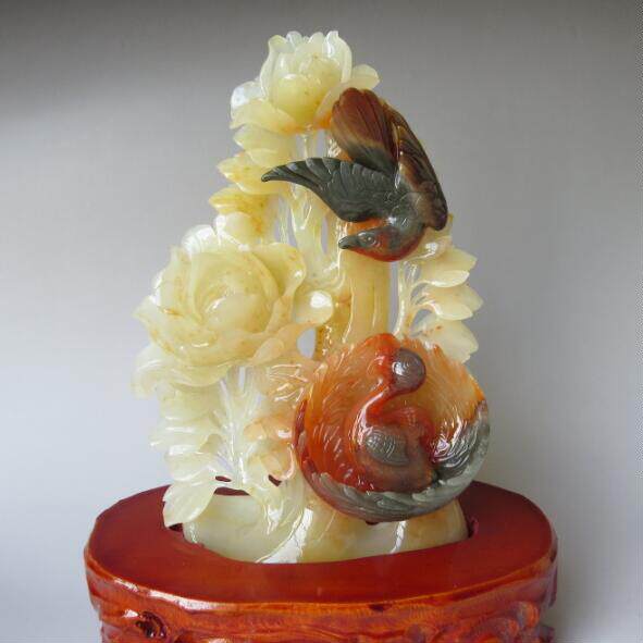 天然龙陵黄龙玉老料摆件 精工雕刻安居乐业摆件 玉石花开富贵摆件