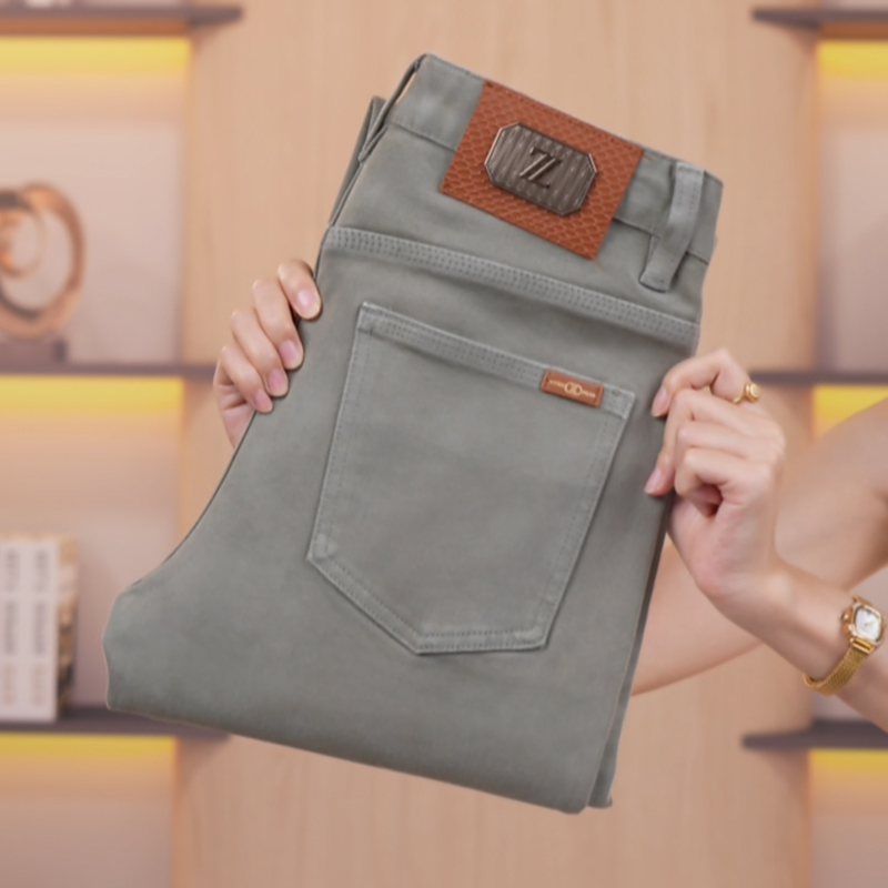 秋冬新款翡翠绿牛仔裤男士高端简约复古水洗弹力裤子修身小直筒裤