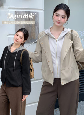 大码女装韩版假两件连帽外套