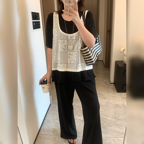 夏季大码女装高腰休闲裤背心套装
