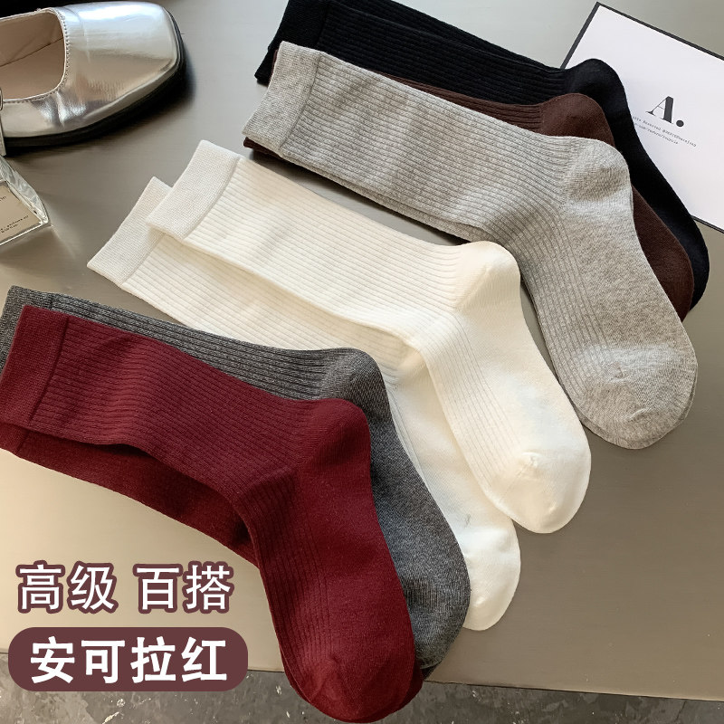 安可拉红袜子女长筒纯棉堆堆秋冬季2024新款推推配乐福鞋女童高腰