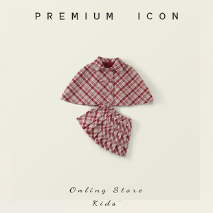 女童加厚斗篷外套百褶裙 红色格纹毛呢套装 韩国童装 2025秋冬新款