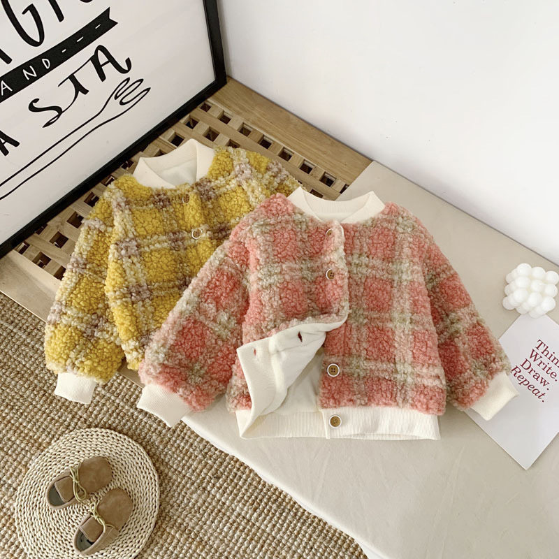 아동복 가을 겨울 한국 스타일 벨벳 탑 소녀 격자 무늬 양고기 코트  따뜻한 어린이 짧은 재킷 유행