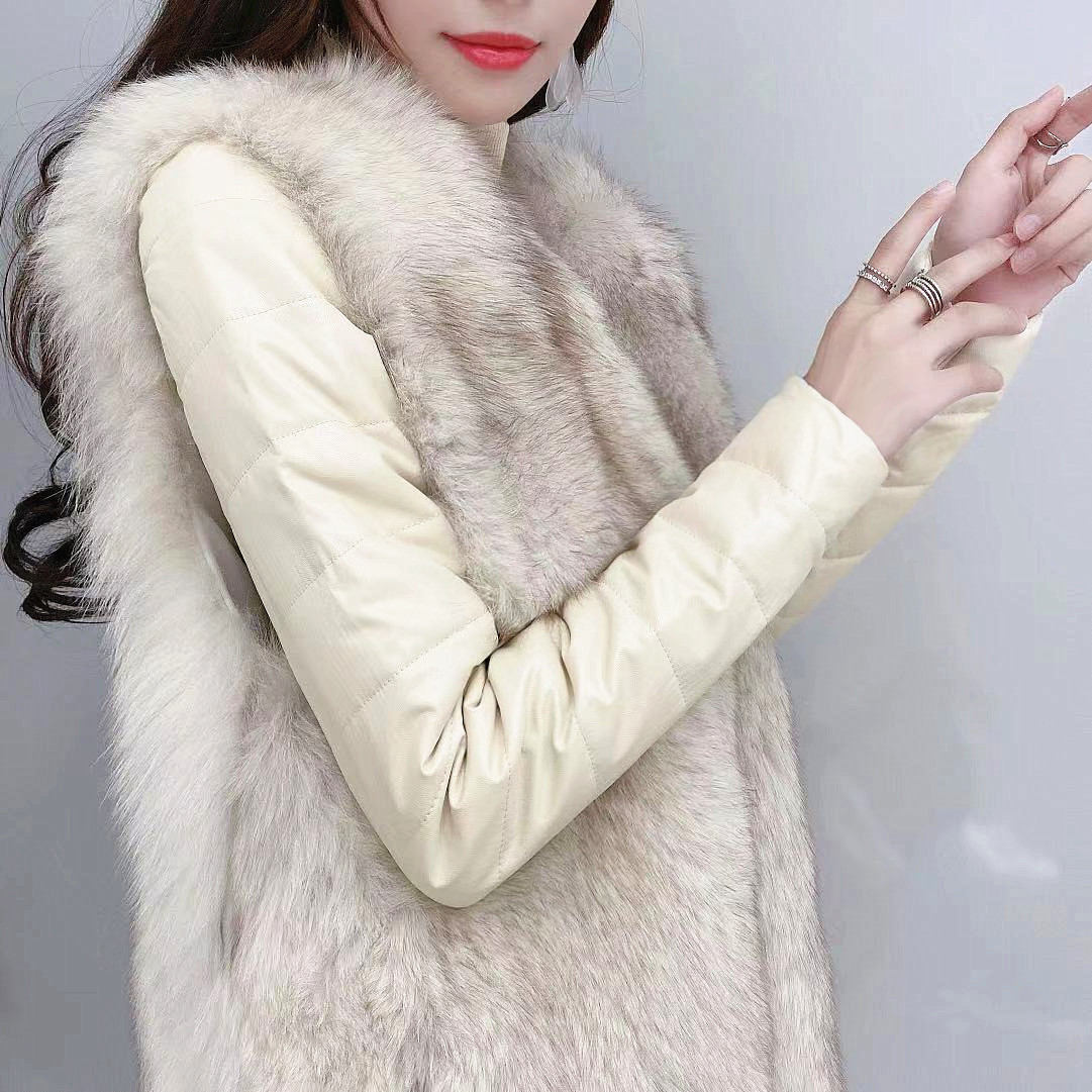 新款皮袖打底衫女冬修身加绒内搭针织配皮草的羽绒棉袖加厚毛衣冬