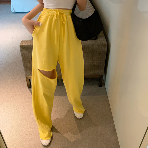 Real shot real price South Korea East Gate in spring and summer eye-catching yellow hair edge wide leg high waist hole leisure pants