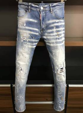 2022春夏新款D2潮男水洗磨破洞补丁油漆立体裁剪小脚蓝色牛仔裤男