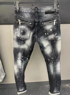 2021秋季新款D2男装黑灰色立体裁剪拼接小脚裤男 时尚口袋拉链款