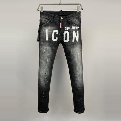 2025春夏新款D2潮男水洗磨破洞补丁油漆印花小脚灰黑色牛仔裤男