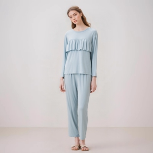 套装 新款 短袖 薄莫代尔长袖 遮胸可外穿家居服两件套 睡衣女春秋夏款