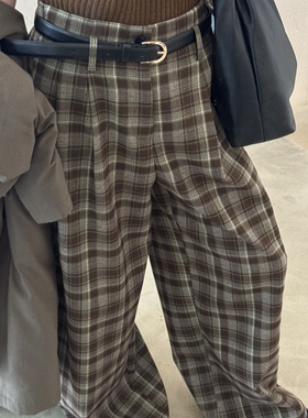 CLEAN SPACE-格子长裤秋冬美拉德穿搭休闲裤(配腰带)58523