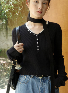 CLEAN SPACE-纯羊毛休闲宽松百搭假两件撞色秋上新针织衫57330