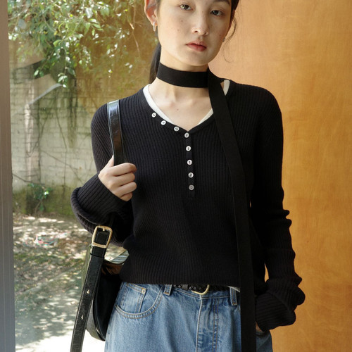 CLEAN SPACE-纯羊毛休闲宽松百搭假两件撞色秋上新针织衫57330