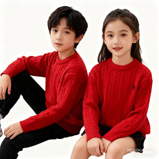 2026马年儿童红色麻花毛衣男女童秋冬加厚针织衫本命年亲子装上衣