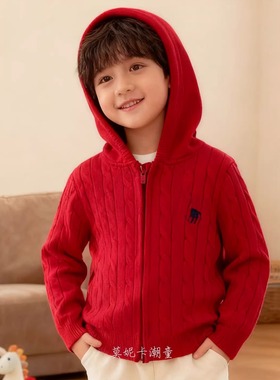 儿童红色连帽拉链针织开衫男童长袖毛衣女童麻花外套韩版洋气百搭