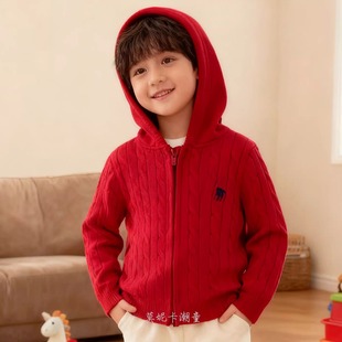 儿童红色连帽拉链针织开衫男童长袖毛衣女童麻花外套韩版洋气百搭