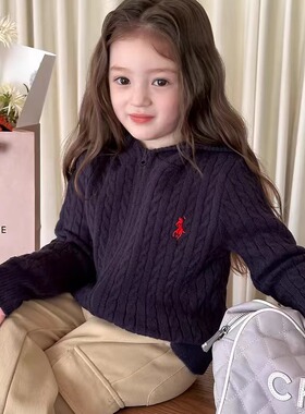 韩国2025款儿童毛衣外套男女童小马刺绣拉链连帽针织开衫上衣洋气
