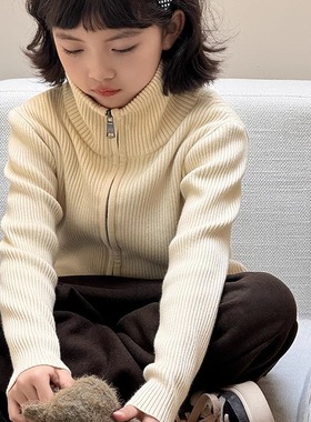 儿童高领针织开衫男童拉链毛衣外套女童2025秋冬款宽松软糯百搭款