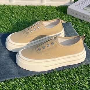 板鞋 厚底一脚蹬帆布鞋 透气百搭休闲无系带小白鞋 2025新款 夏 女薄款