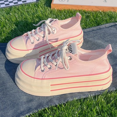 原创小众粉色厚底增高帆布鞋女2025新款春季透气百搭学生松糕板鞋