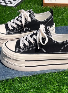 黑色厚底增高5cm帆布鞋女2025新款透气百搭学生小个子松糕板鞋夏