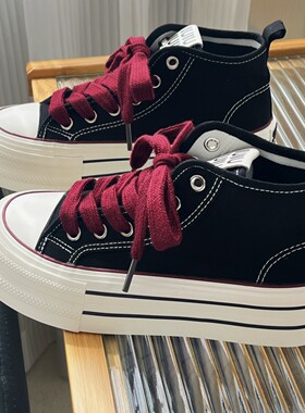原创黑红色厚底高帮帆布鞋女2025春秋新款百搭增高松糕学生板鞋潮