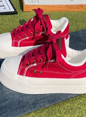 复古红色厚底增高帆布鞋女款2026新款春季透气松糕底百搭休闲板鞋