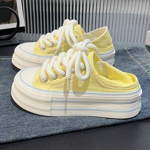 板鞋 黄色两穿可踩厚底增高帆布鞋 透气一脚蹬半拖鞋 薄款 女2025新款