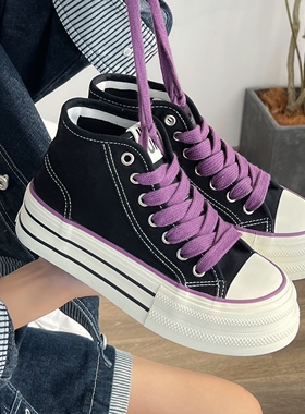 原创黑色厚底高帮帆布鞋女款2025春秋季新款百搭增高松糕学生板鞋