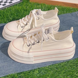 女2025新款 百搭学生松糕板鞋 春夏季 透气帆布鞋 薄款 厚底增高小白鞋