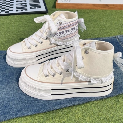 两穿厚底高帮帆布鞋女款2026新款春秋百搭松糕小白鞋休闲增高板鞋