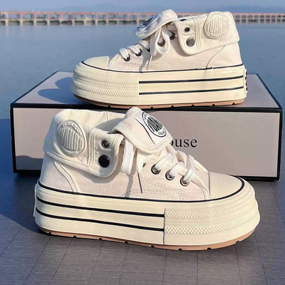 小众厚底高帮帆布鞋女2025新款春季百搭小白鞋运动休闲鞋增高板鞋