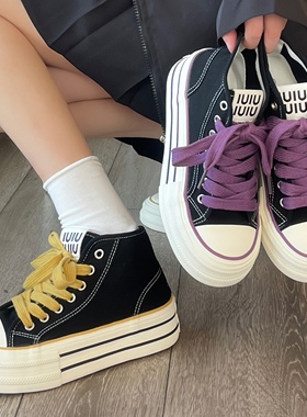 原创黑色厚底高帮帆布鞋女款2025春秋季新款百搭增高松糕学生板鞋
