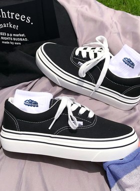 ins潮鞋经典黑色厚底增高帆布鞋女2025新款学生韩版百搭松糕板鞋