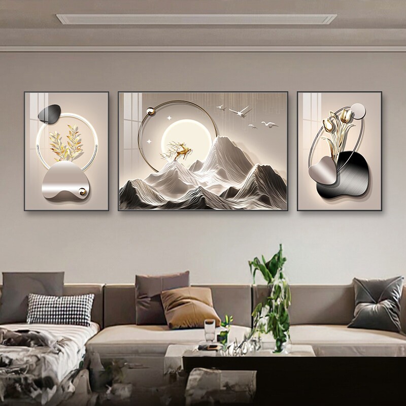 客厅沙发背景墙山水三联装饰画