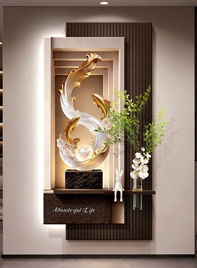 轻奢砂岩风生水起玄关带灯壁画