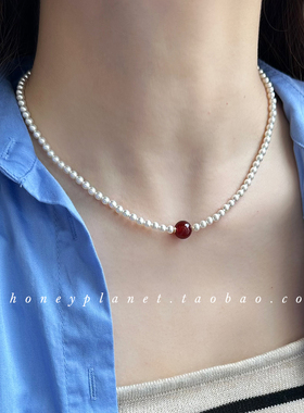 森糖星球|朱砂痣 优质红玛瑙施家珍珠项链chorker复古高级高保色