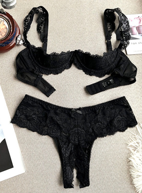 2023新款性感镂空胸托上托聚拢文胸套装女款开叉裤迷人风情