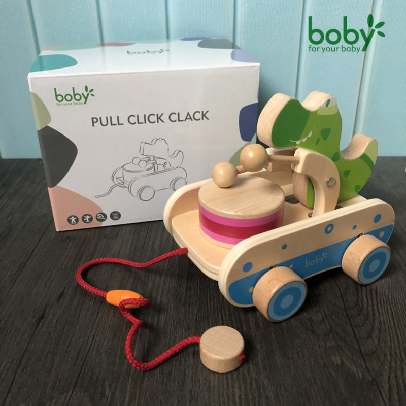 宝宝拉绳木质手拖拉学步爬行引导车鳄鱼敲鼓儿童拉线牵引拖行玩具