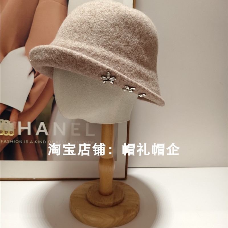 中年女帽复古优雅盆帽羊毛呢保暖渔夫帽水钻花朵羊毛水桶帽妈妈帽