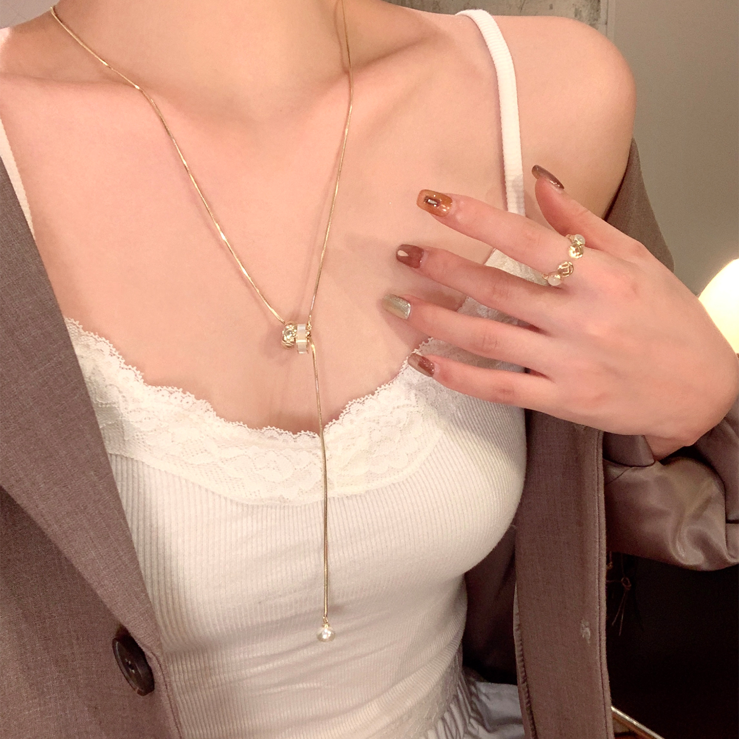 小香菱格贝壳小蛮腰珍珠抽拉项链