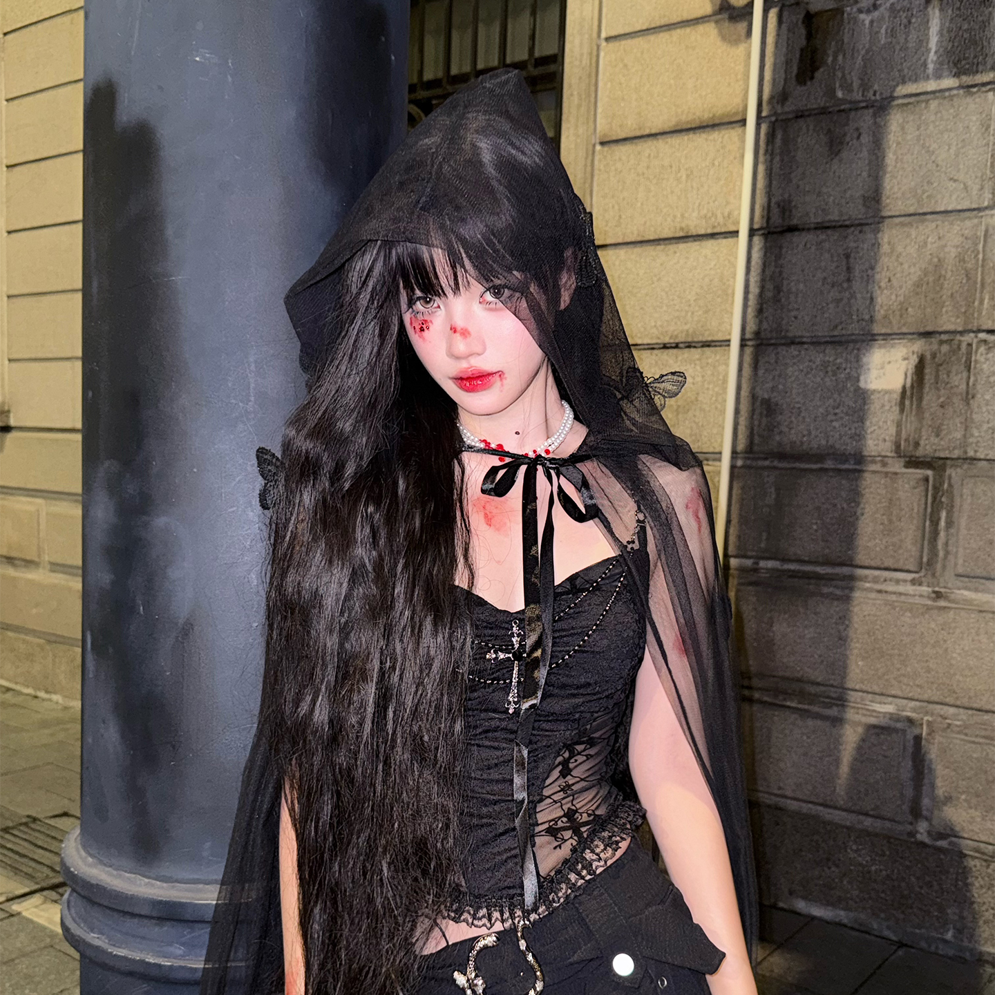 万圣节cos装扮黑色蝴蝶披风女哥特风网纱斗篷头饰洛丽塔道具发饰