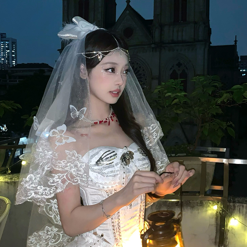 万圣节道具蝴蝶羽毛蕾丝白头纱