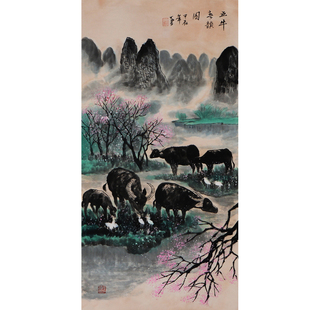 纯手绘临摹名家李可染五牛图国画水墨画办公室玄关客厅装饰画